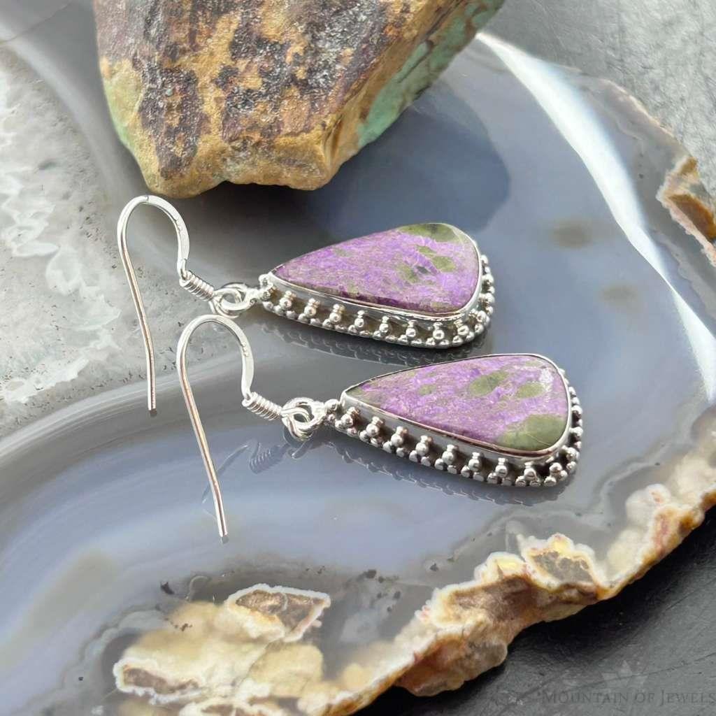 Sterling Silver Southwestern Style Teardrop Stichtite Dangle Earrings For Women