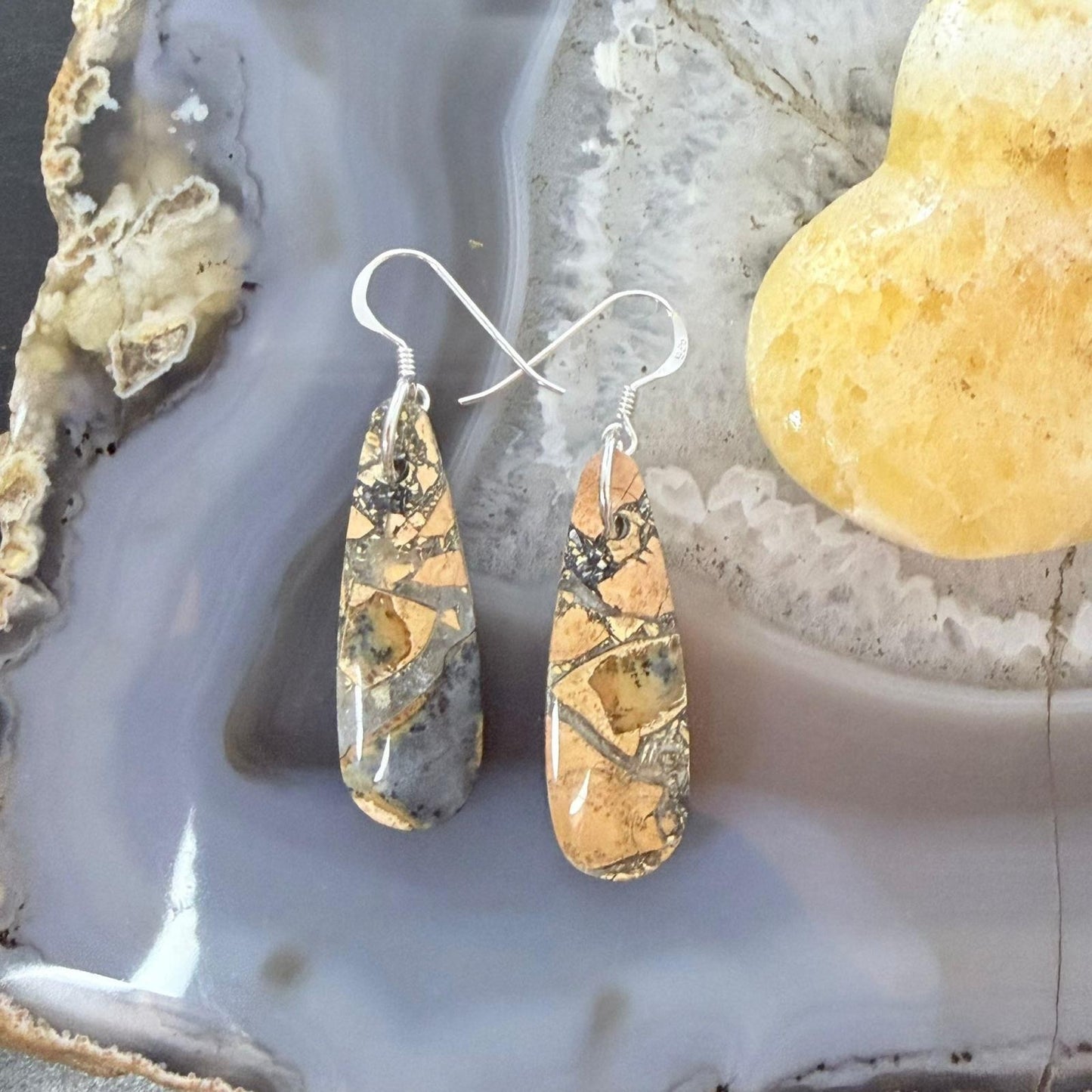 Sterling Silver Teardrop Maligano Jasper Slab Dangle Earrings For Women #502