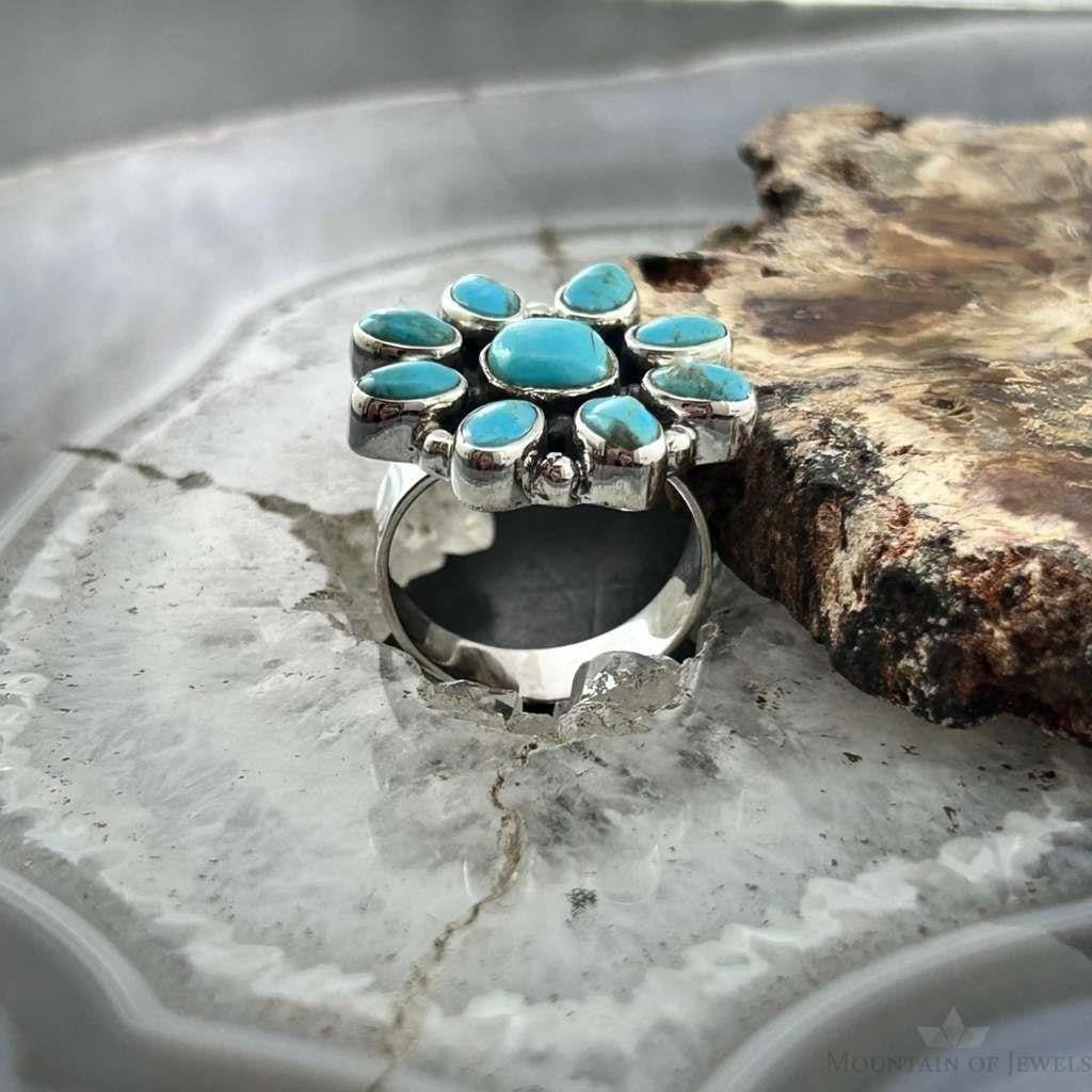 Sterling Southwestern Style Mohave Turquoise Cluster Ring Size 7.5 For Women