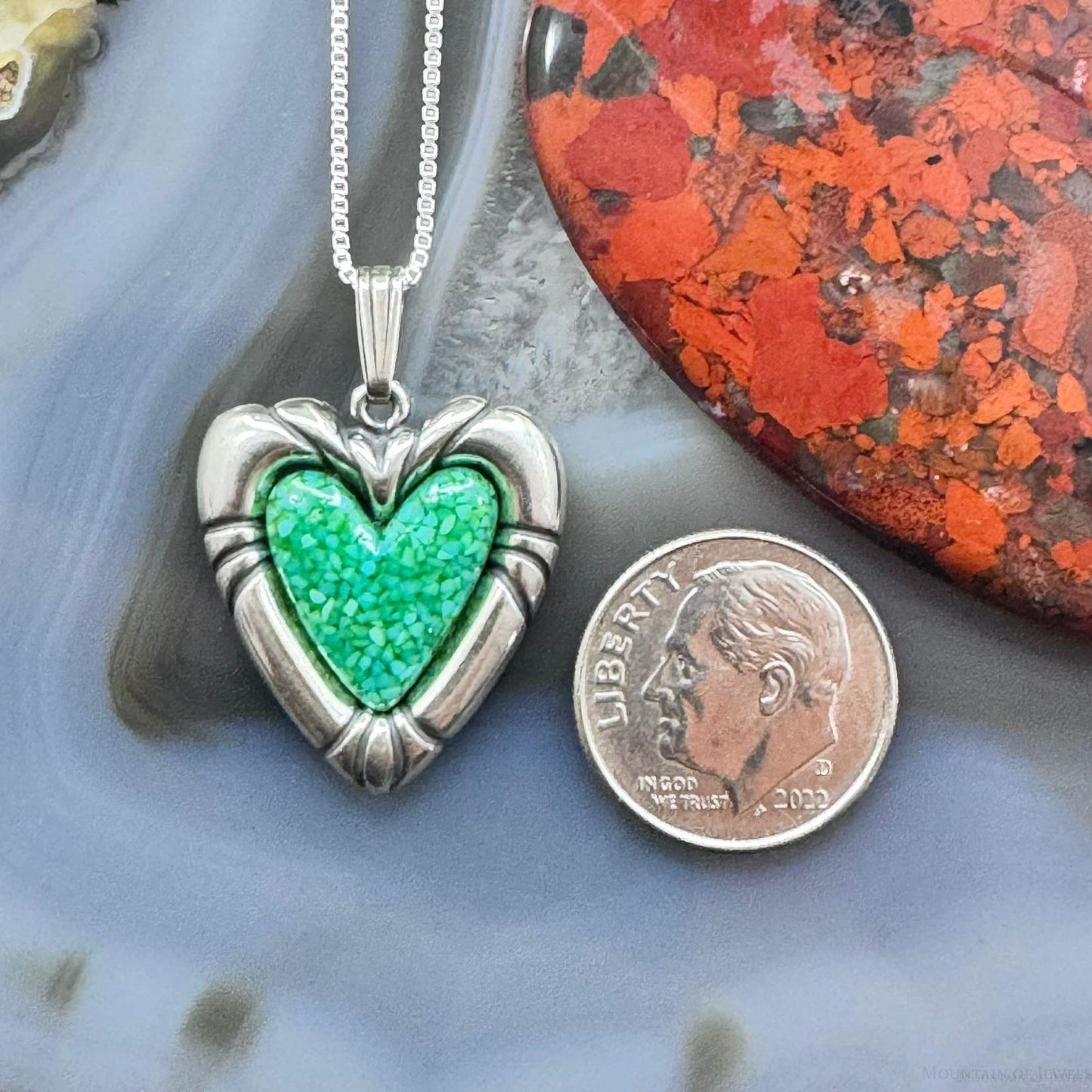 Carolyn Pollack Sterling Silver Heart Green Turquoise Chip Inlay Pendant W/18" Necklace For Women