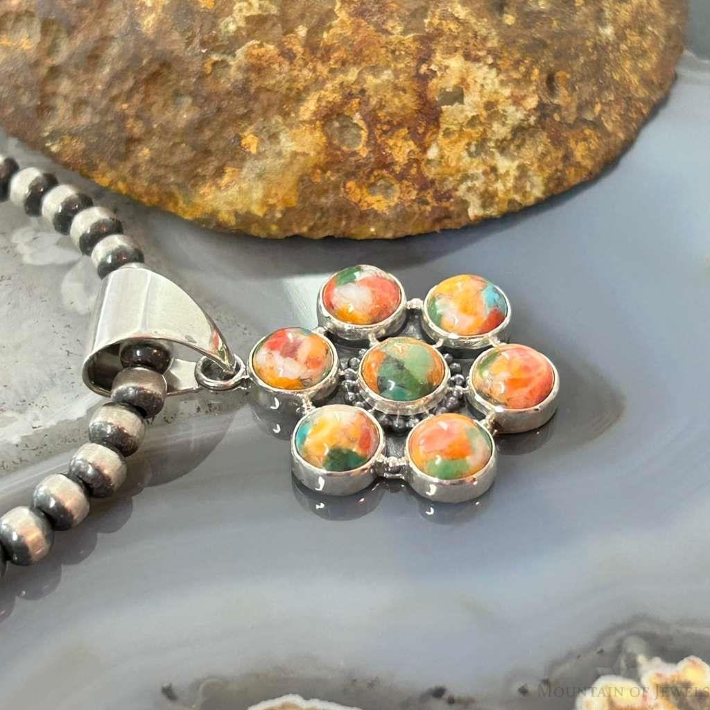 Native American Sterling Silver Turquoise Spiny Oyster Cluster Pendant For Women