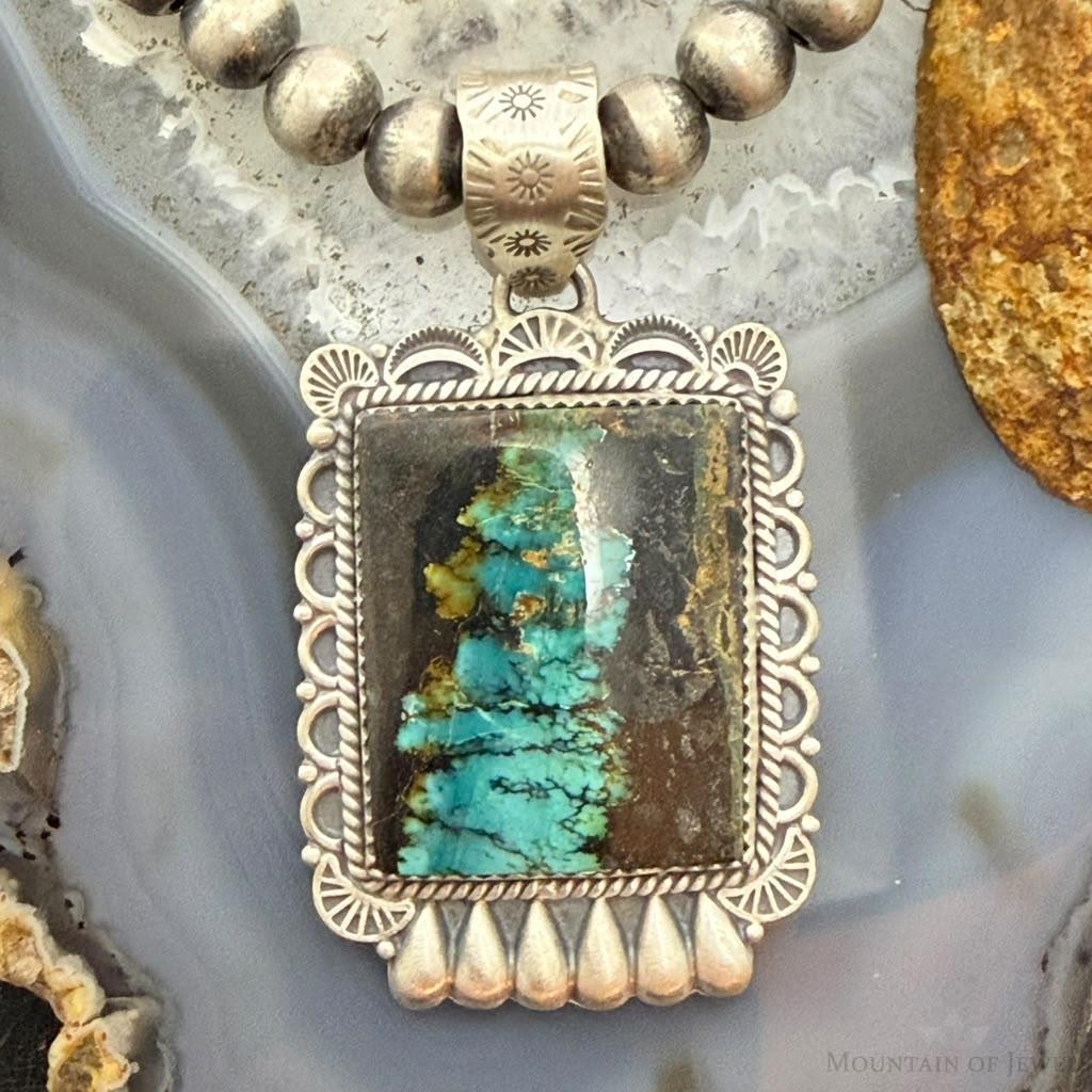 Sterling Silver Southwestern Style Rectangle Blackjack Turquoise Decorated Pendant #3