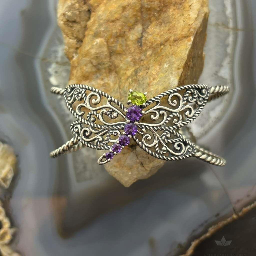 Carolyn Pollack Sterling Silver Peridot & Amethyst Decorated Dragonfly Bracelet For Women