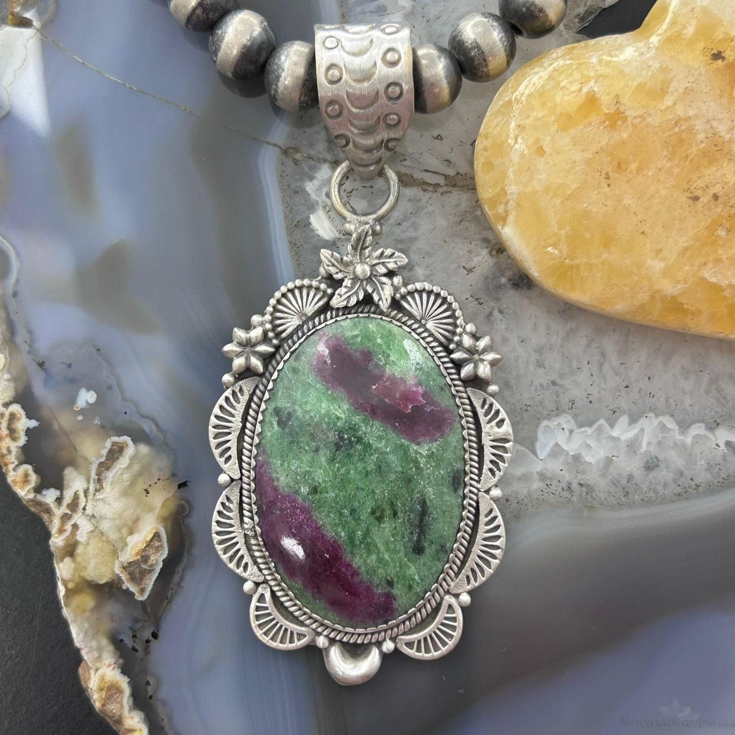 Sterling Silver Southwestern Style Oval Ruby Zoisite Decorated Pendant For Women