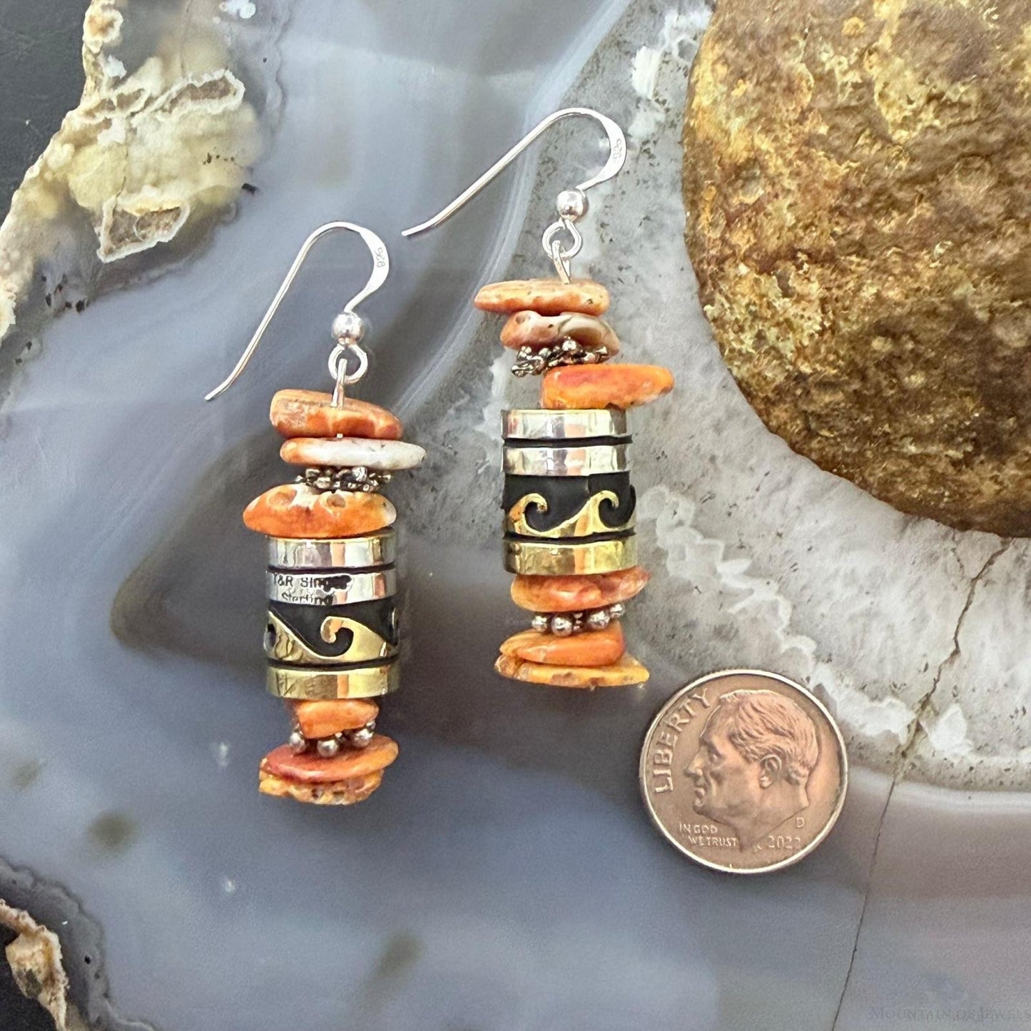 Tommy & Rosita Singer Sterling Silver Orange Spiny Oyster Beads Dangle Earrings For Women