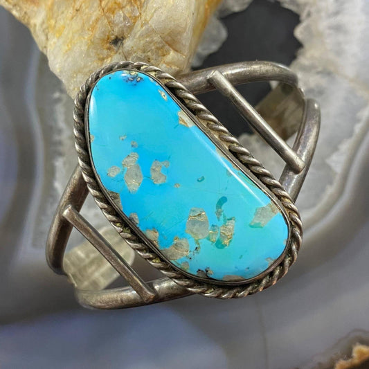 Vintage Native American Silver Large Kidney Shape Turquoise Bracelet For Women