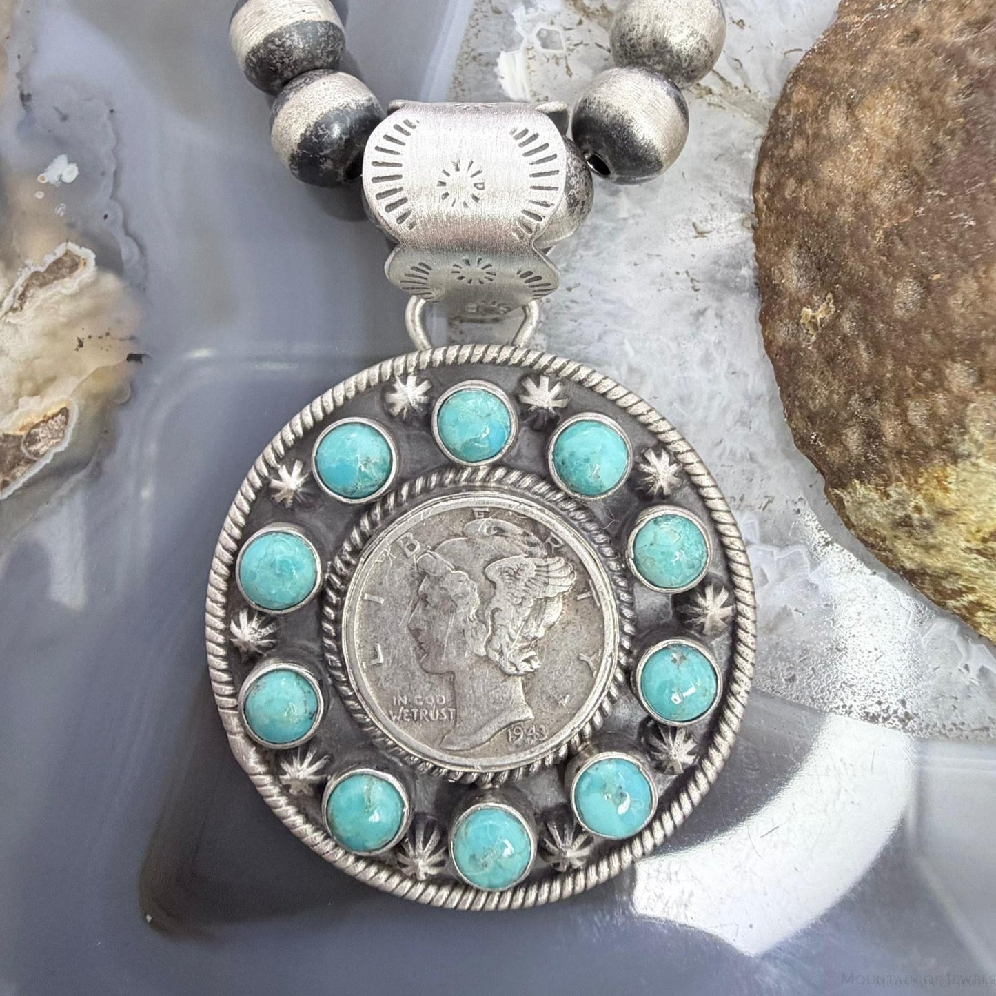 Genuine 1943 90% Silver Mercury Dime Coin w/Mohave Turquoise Unisex Pendant