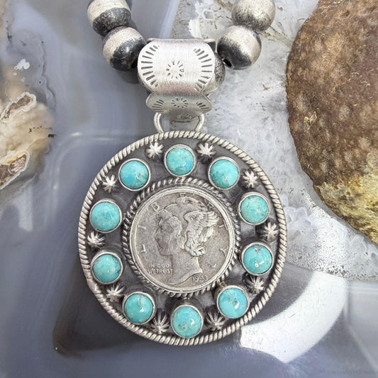 Genuine 1943 90% Silver Mercury Dime Coin w/Mohave Turquoise Unisex Pendant