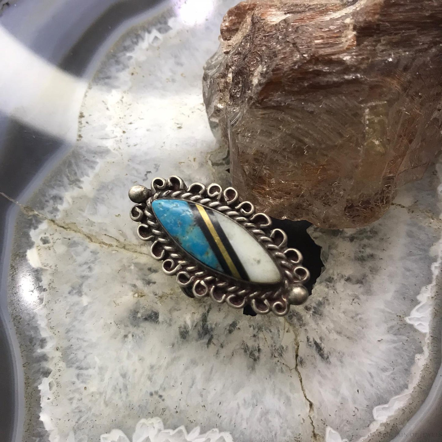 Vintage Native American Silver Marquise Multi Gemstone Inlay Ring Size 6.5 For Women