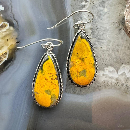 Native American Sterling Silver Teardrop Bumblebee Jasper Dangle Earrings For Women