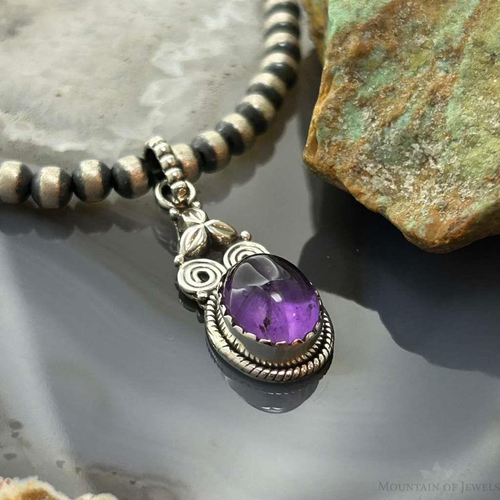 Sterling Silver Southwestern Style Oval Amethyst Decorated Charm/Pendant For Women