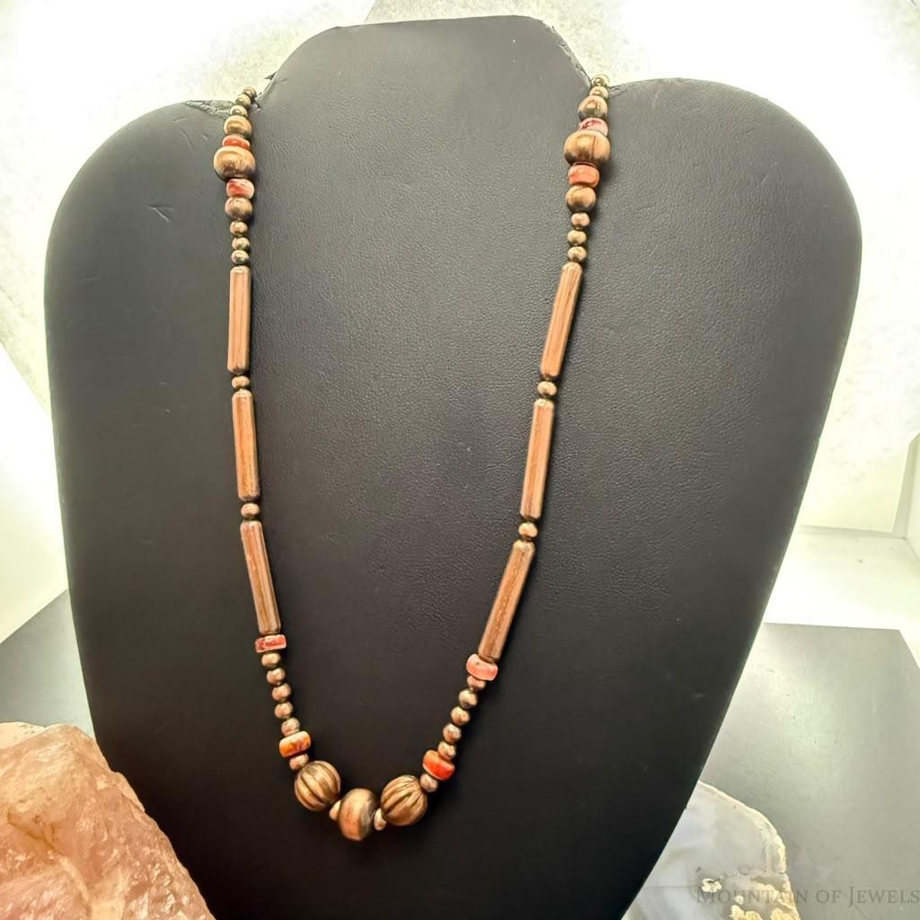 Copper Navajo Pearl Round & 25mm Cylinder & 6mm Spiny Oyster Beads 20" Necklace For Women