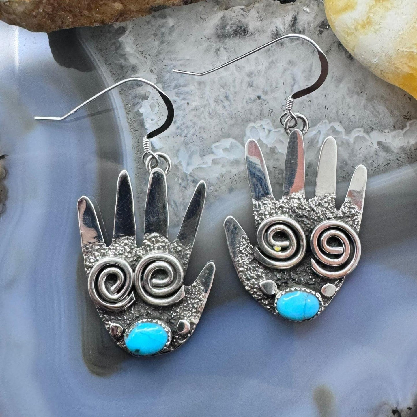 Alex Sanchez Sterling Silver Ancestors Hand Petroglyph With Turquoise Dangle Earrings For Women