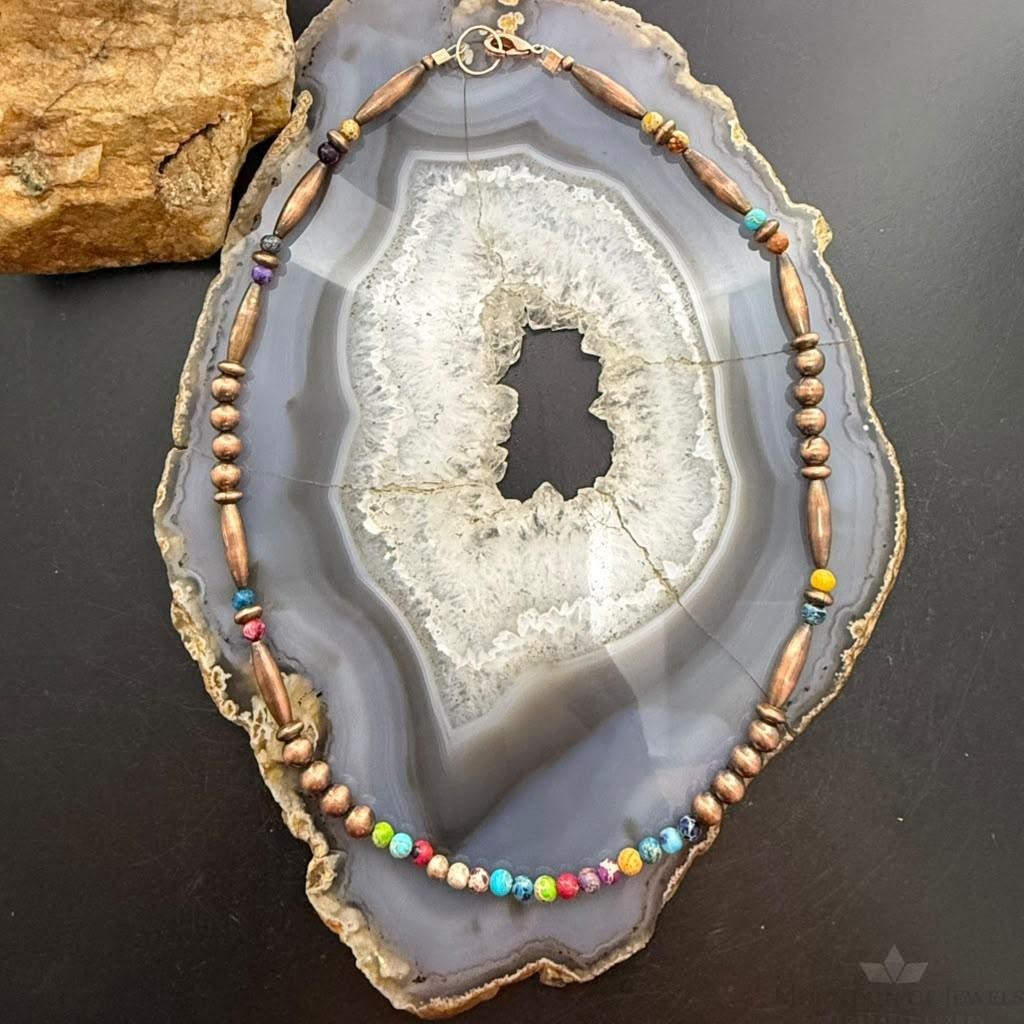 Copper Navajo Pearl Round & Cylinder w/Multi Color Sediment Jasper 18" Necklace For Women
