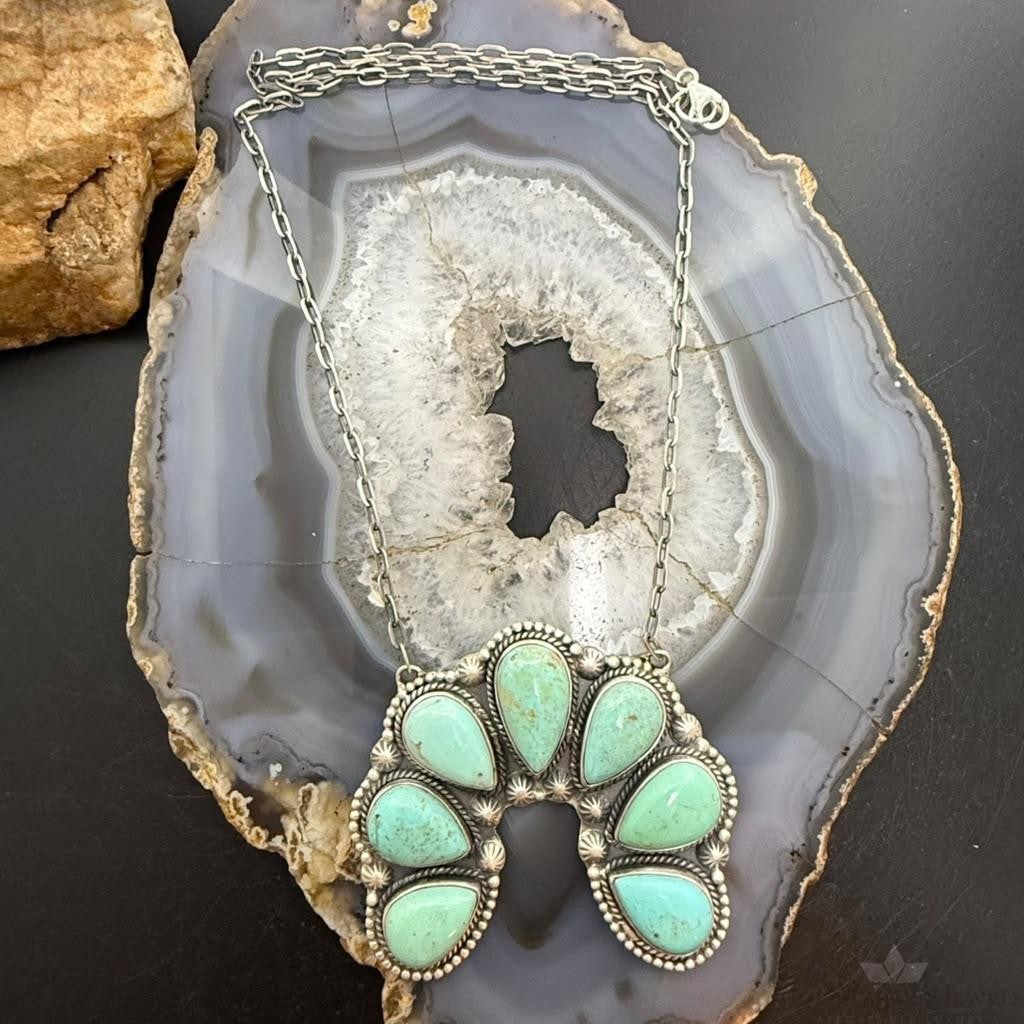 Sterling Silver Southwestern Style 7 Teardrop Royston Turquoise Naja Necklace For Women