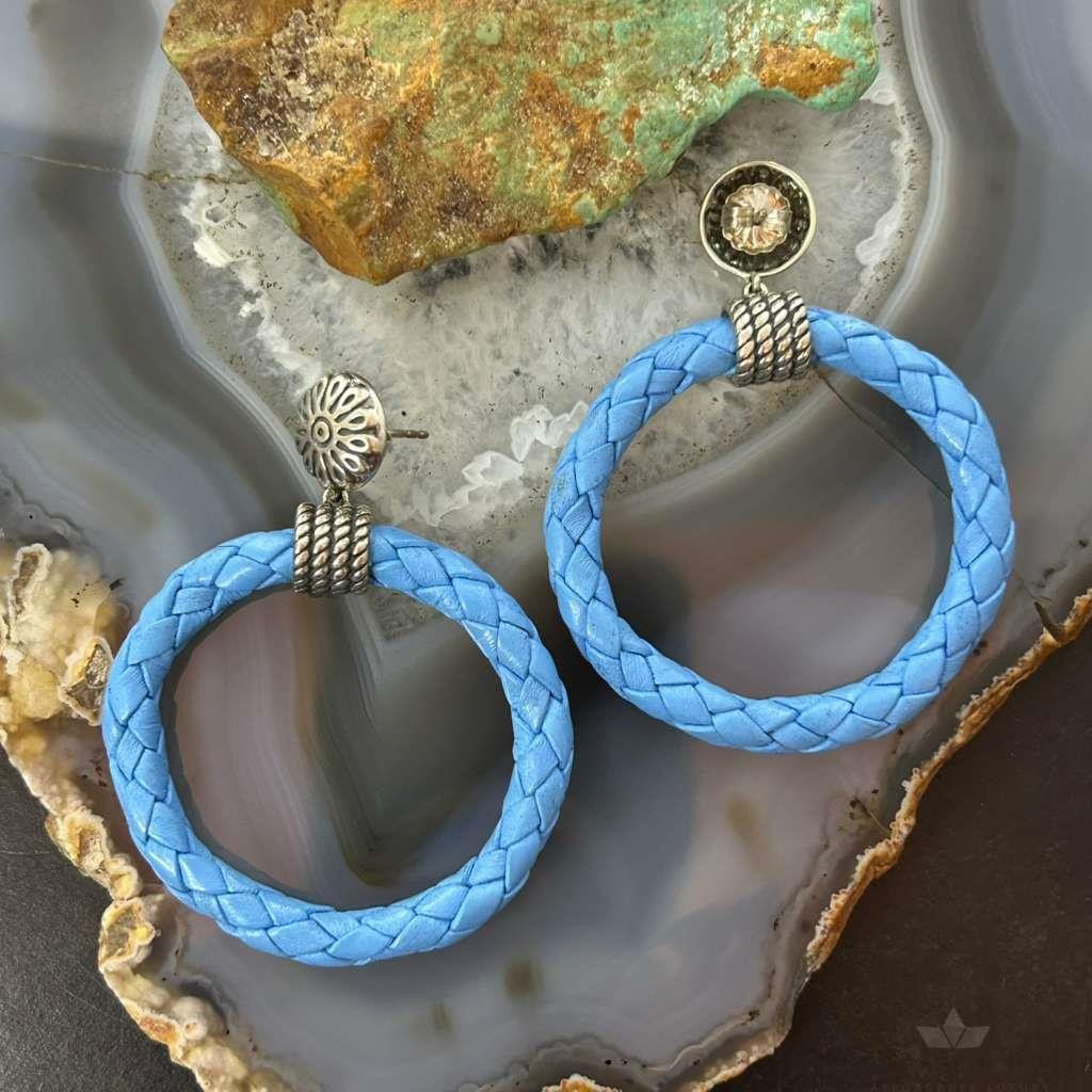 Carolyn Pollack Sterling Silver Light Blue Braided Leather Hoop Earrings For Women