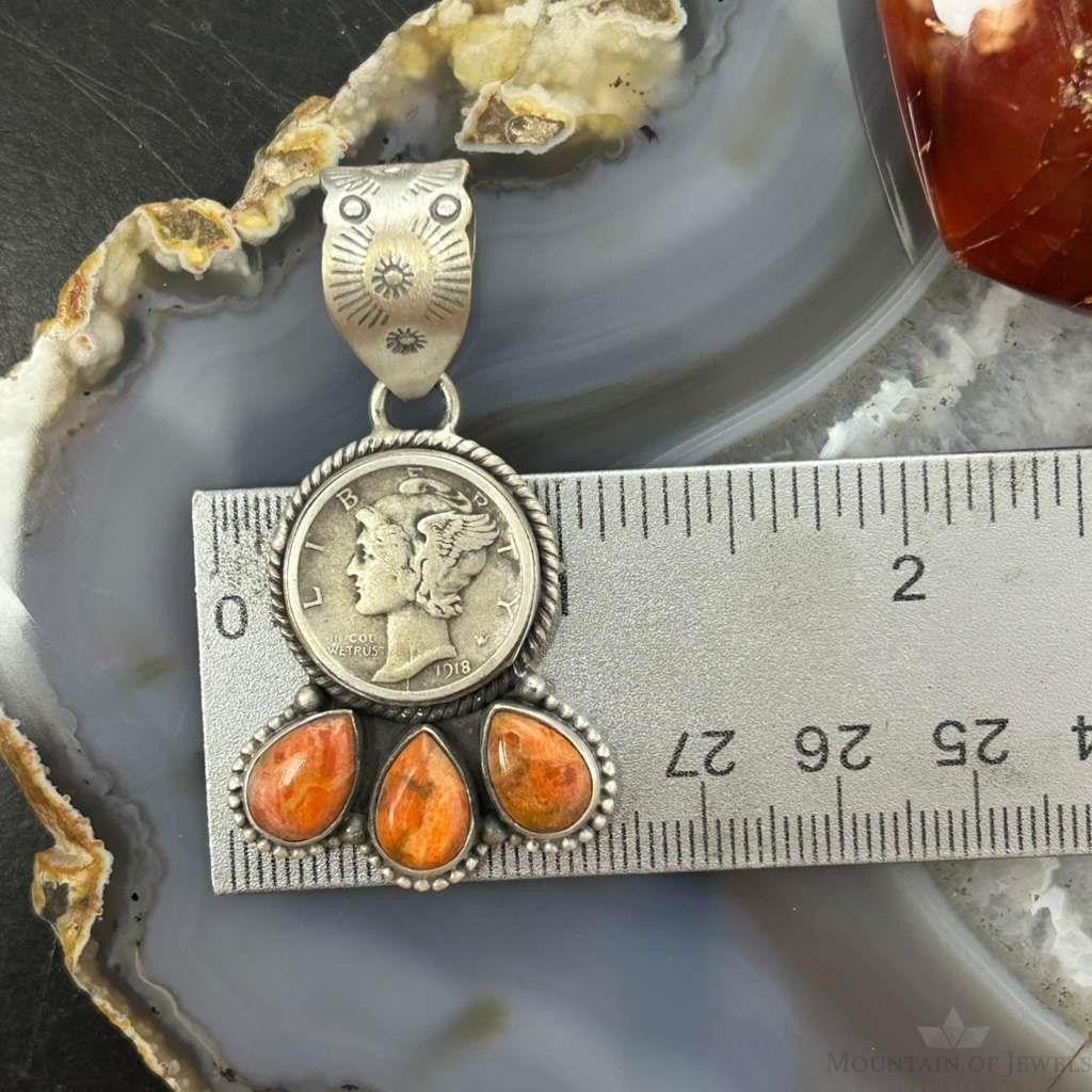 Genuine 1918 90% Silver Mercury Dime Coin w/Teardrop Orange Spiny Oyster Pendant
