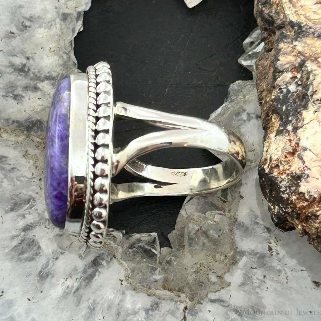 Sterling Silver Southwestern Style Oval Charoite Decorated Ring Size 6.75 For Women