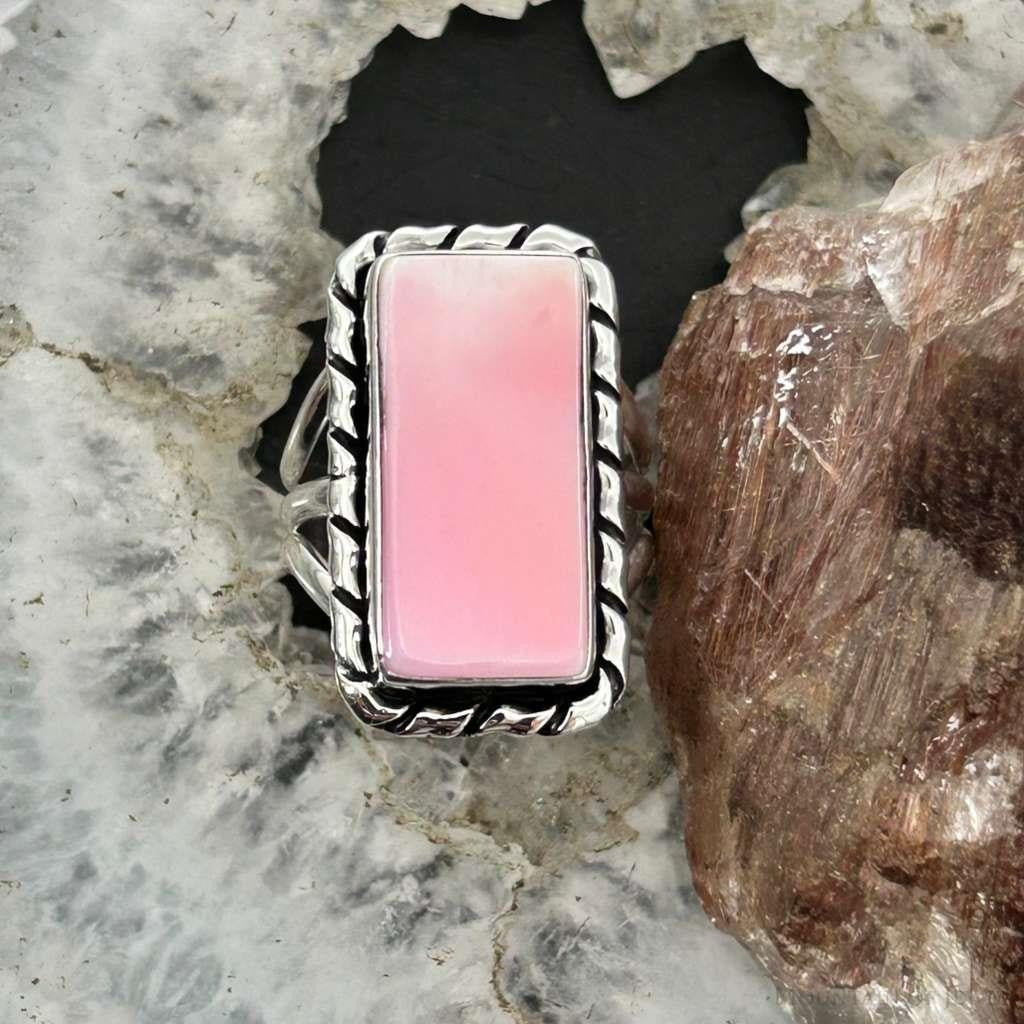 Native American Sterling Silver Rectangle Pink Conch Bar Ring Size 7 For Women
