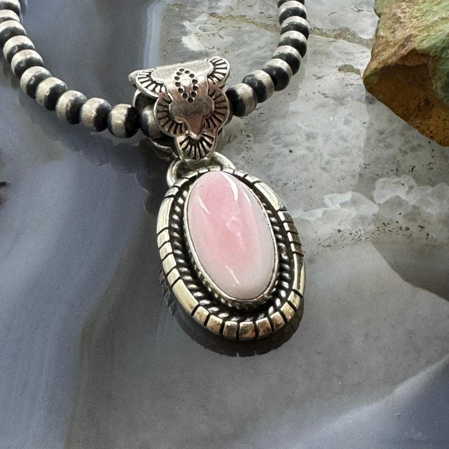 Native American Sterling Silver Oval Pink Conch Decorated Bail Pendant For Women