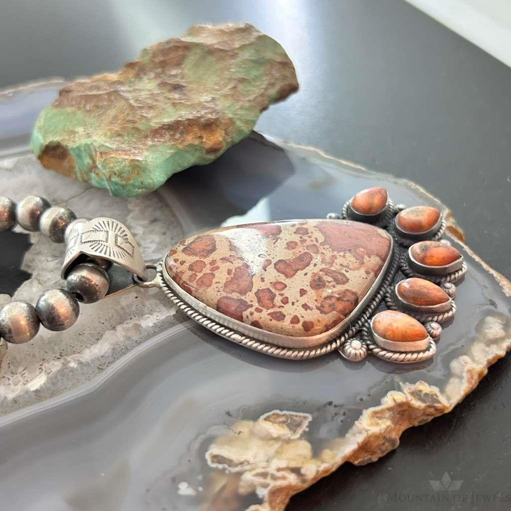 Sterling Silver Southwestern Style Picture Jasper & Spiny Oyster Pendant For Women