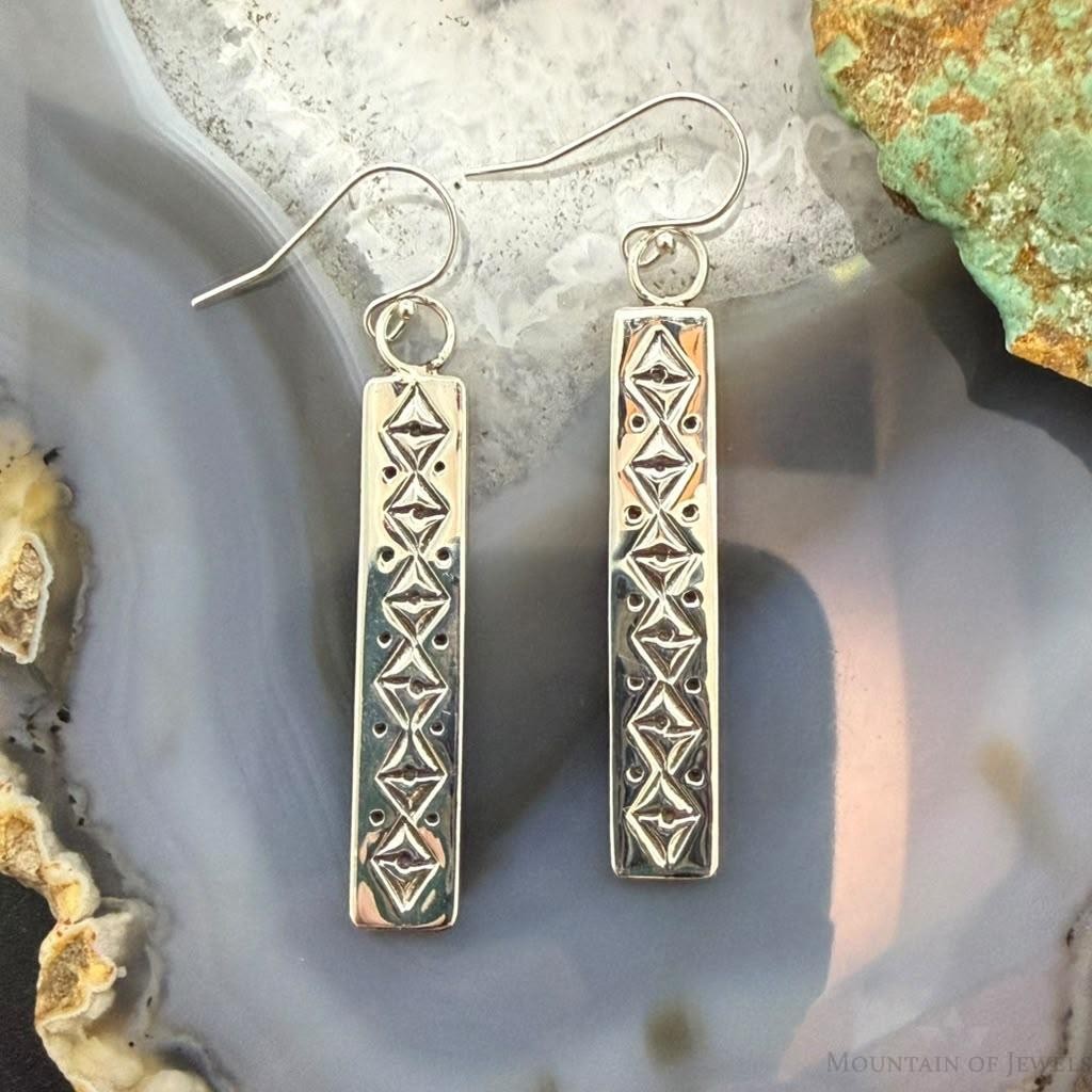 Michael Nez Native American Sterling Stamped Rectangle Dangle Earrings For Women