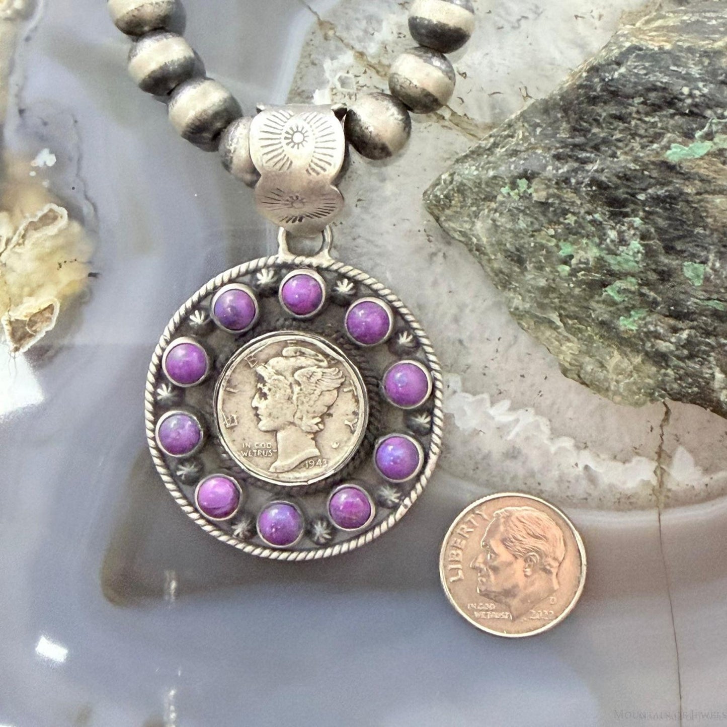 Genuine 1943 90% Silver Mercury Dime Coin w/Purple Dahlia Unisex Decorated Pendant