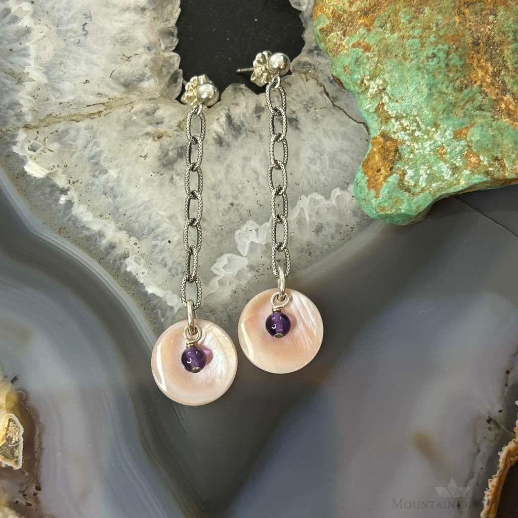 Carolyn Pollack Sterling Silver Pink MOP & Amethyst Dangle Earrings For Women