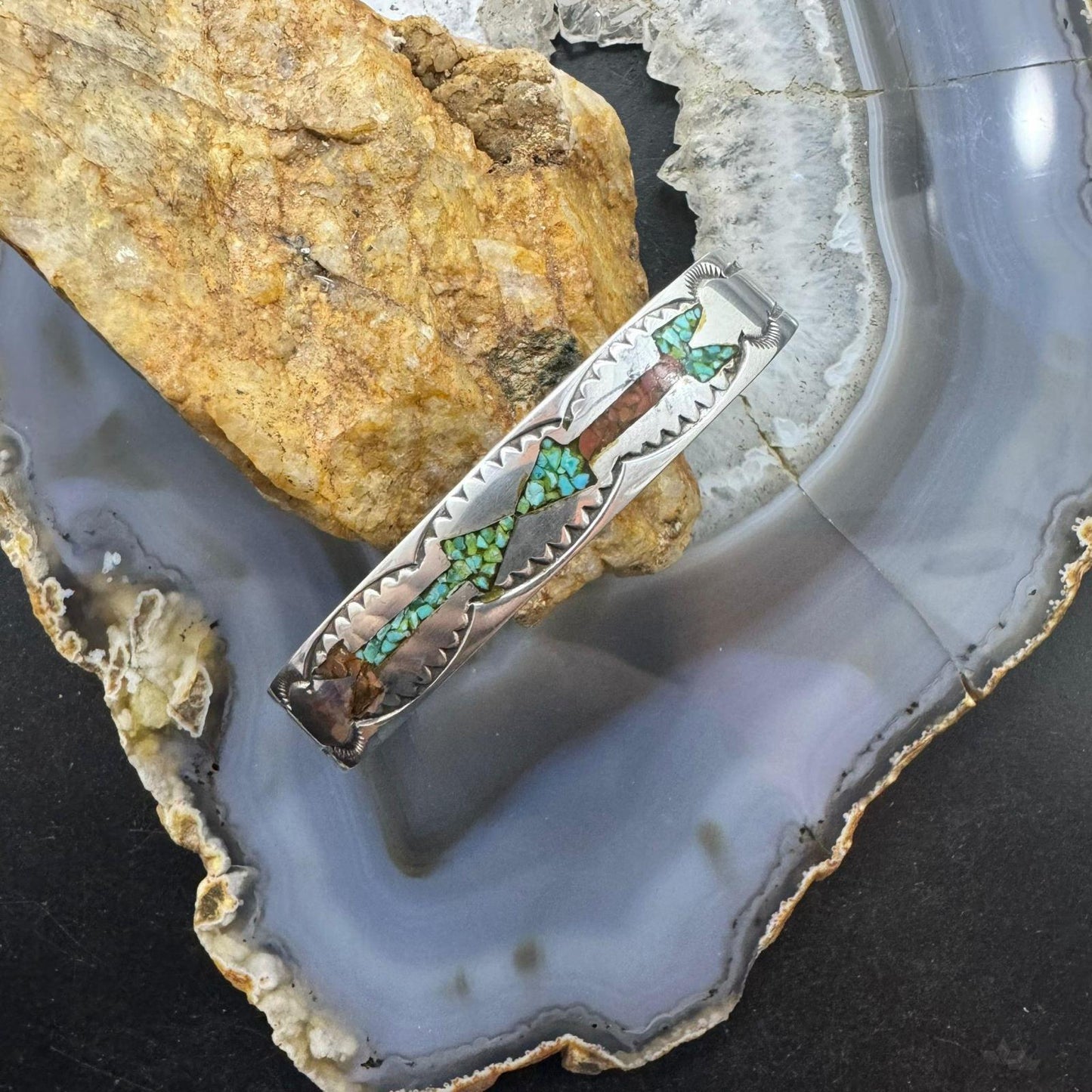 Vintage Native American Sterling Silver Turquoise & Coral Chip Inlay Bracelet For Women