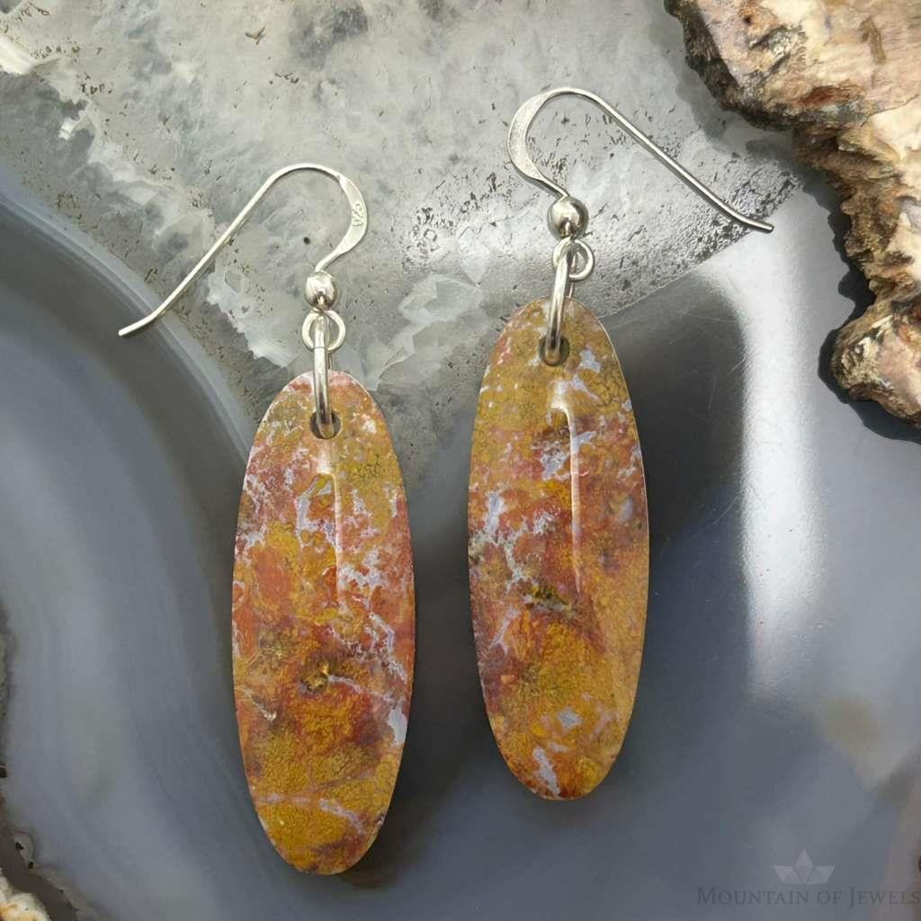 Sterling Silver Oval Plum Moss Agate Slab Dangle Earrings For Women #517