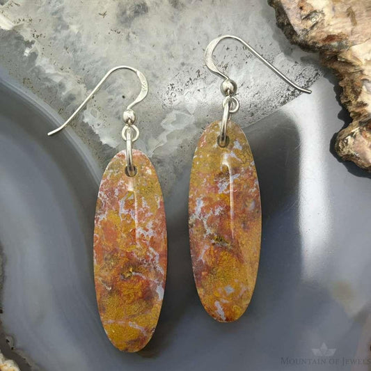Sterling Silver Oval Plum Moss Agate Slab Dangle Earrings For Women #517