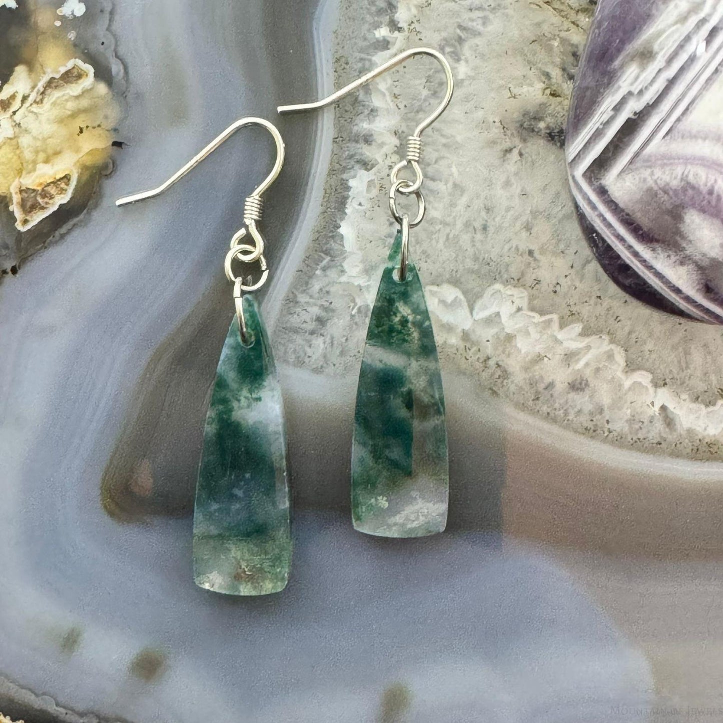 Sterling Silver Triangle Moss Agate Slab Dangle Earrings For Women #234