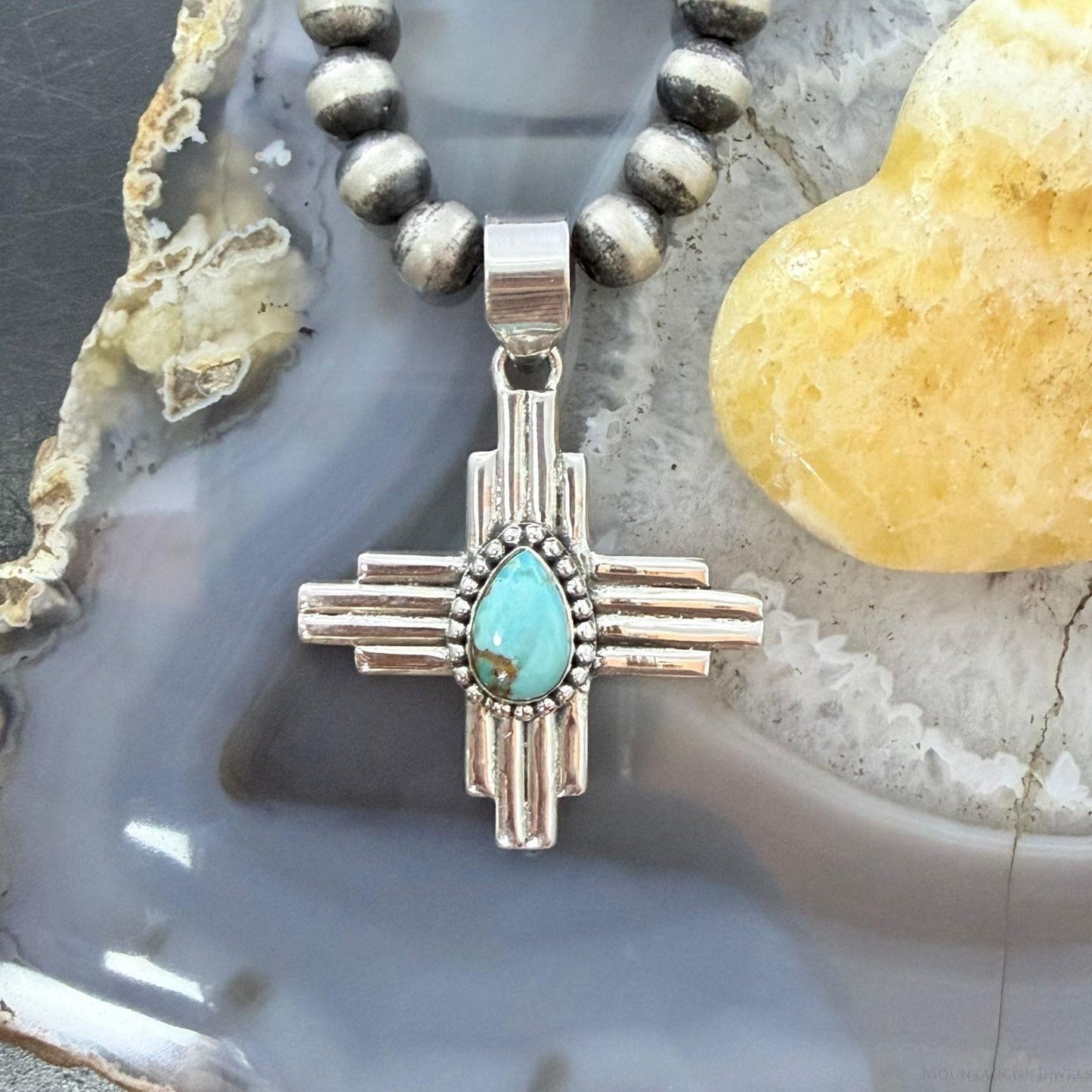 Sterling Silver Southwestern Style Teardrop Mohave Turquoise Unisex Zia Pendant