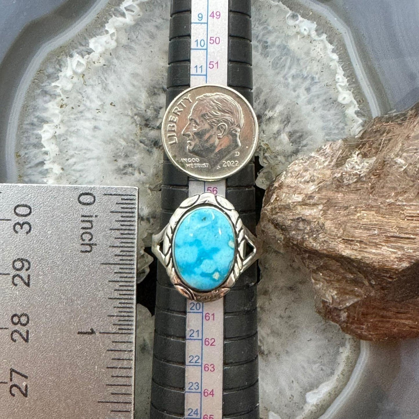 Native American Sterling Silver Oval Turquoise Decorated Ring Sz 8.5 For Women