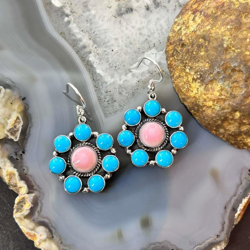 Native American Sterling Silver & Turquoise, Pink Conch Cluster Dangle Earrings For Women