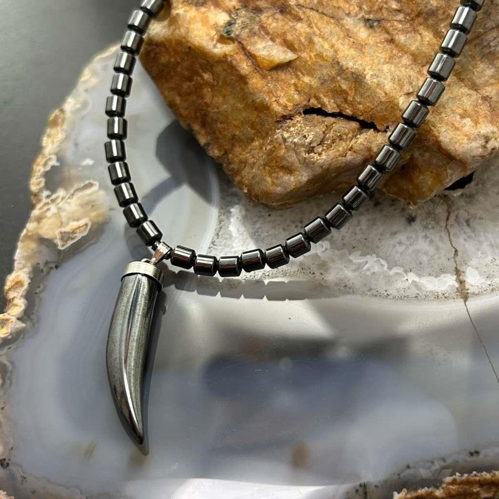 Hematite Beads with Hematite Fang Pendant Unisex 16" Necklace