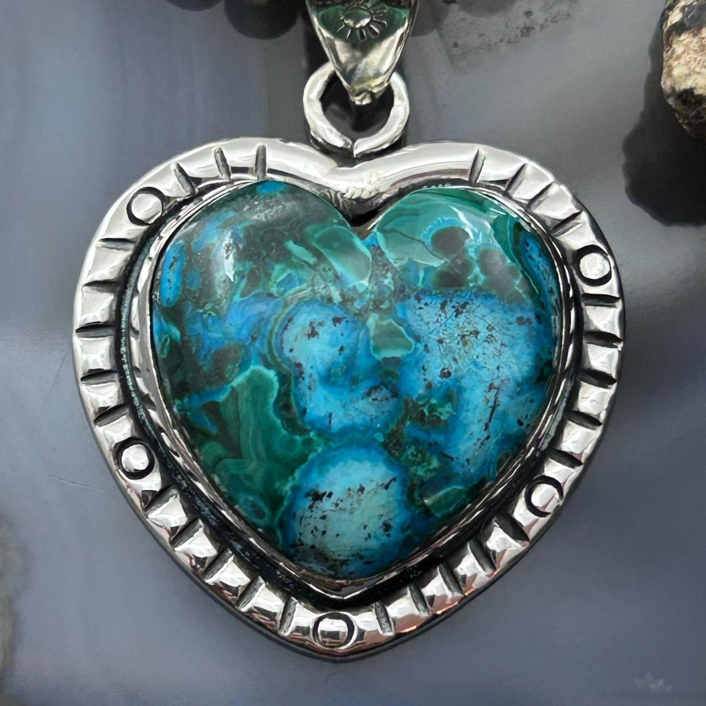 Sterling Silver Southwestern Style Azurite Malachite Heart Pendant For Women #2