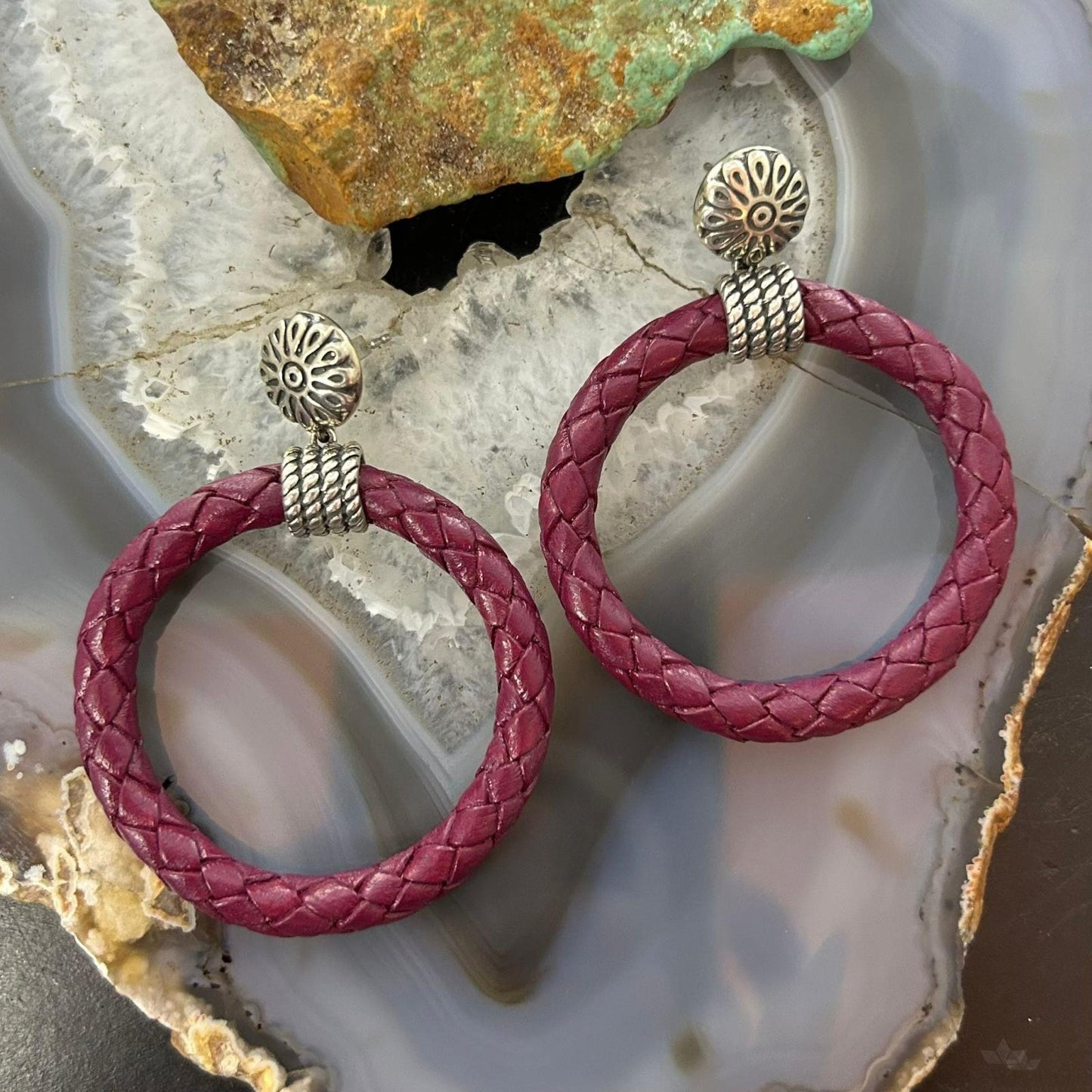 Carolyn Pollack Sterling Silver Purple Braided Leather Hoop Earrings For Women