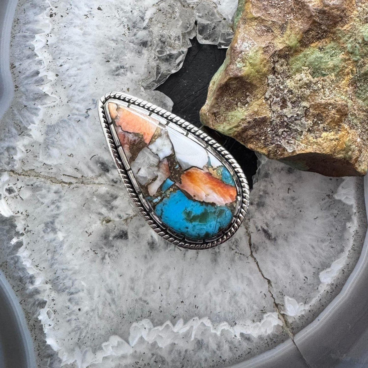 Sterling Silver Southwestern Style Teardrop Composite Spiny Oyster Turquoise Ring 10.75 For Women