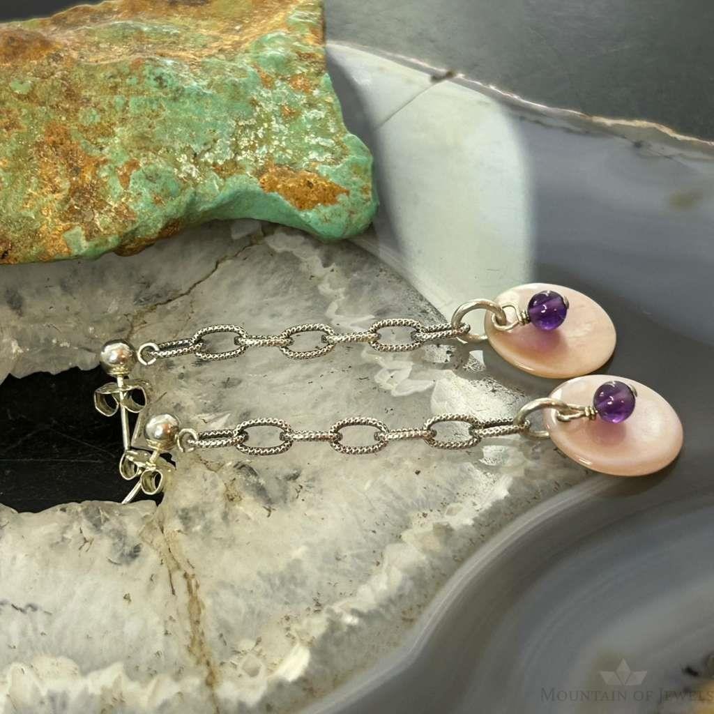Carolyn Pollack Sterling Silver Pink MOP & Amethyst Dangle Earrings For Women