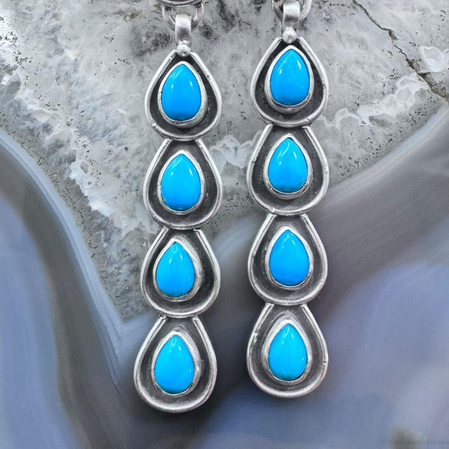 Native American Sterling Silver 5 Turquoise Post Dangle Earrings For Women