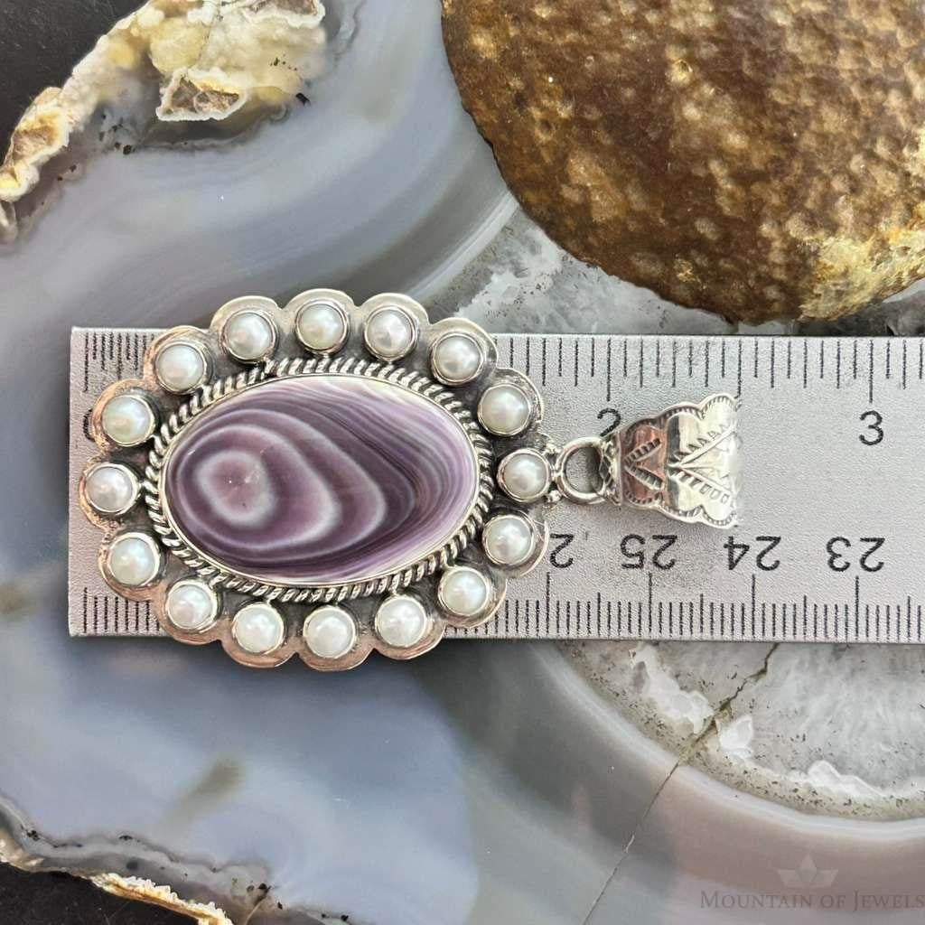 Native American Sterling Silver Oval Phosphosiderite W/Pearls Cluster Pendant For Women