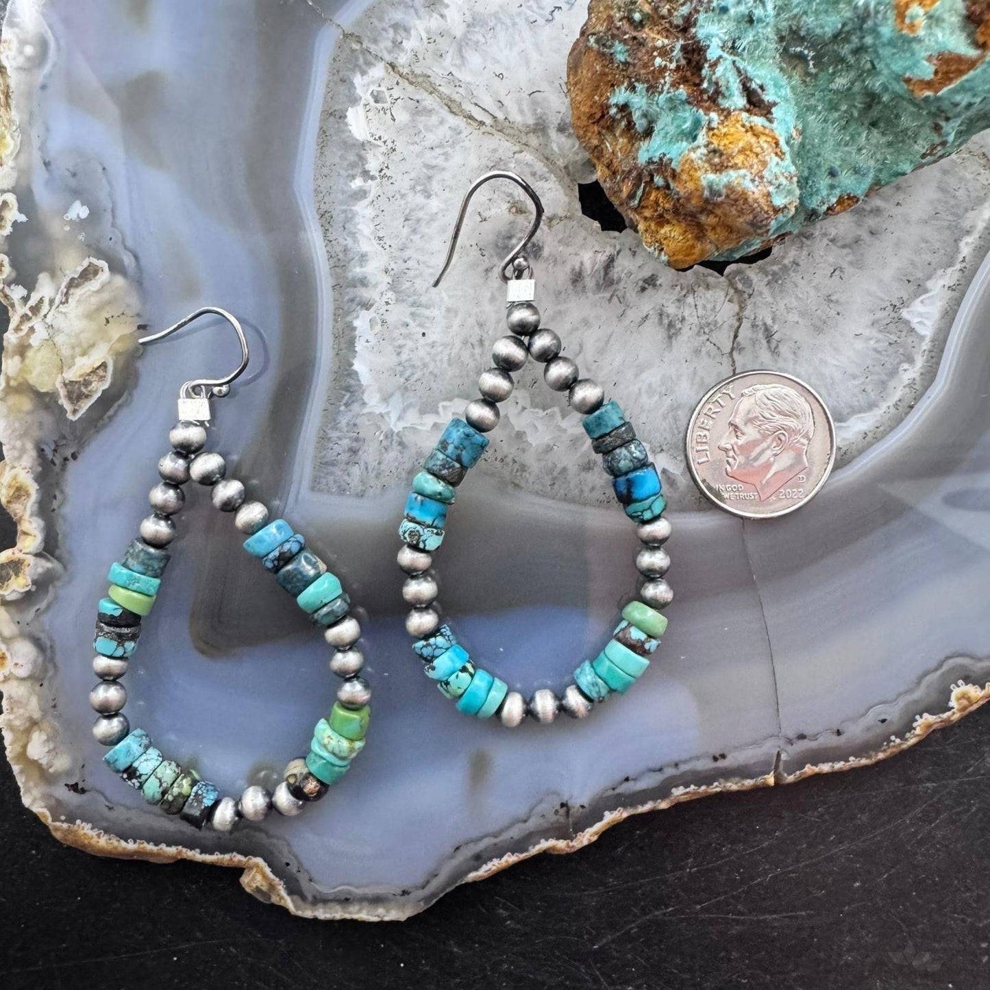 Sterling Silver Southwestern Style Navajo Pearl & Turquoise Bead Hoop Earrings For Women