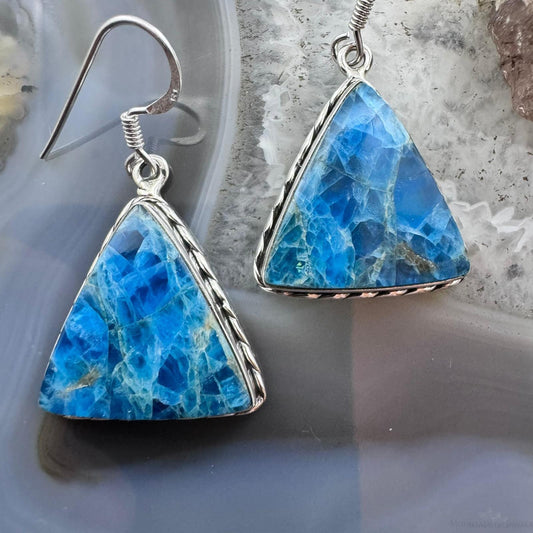 Sterling Silver Southwestern Style Triangle Blue Apatite Dangle Earrings For Women