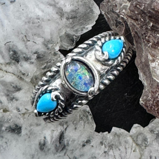 Carolyn Pollack Sterling Silver 2 Sleeping Beauty Turquoise & 1 Opal Ring For Women