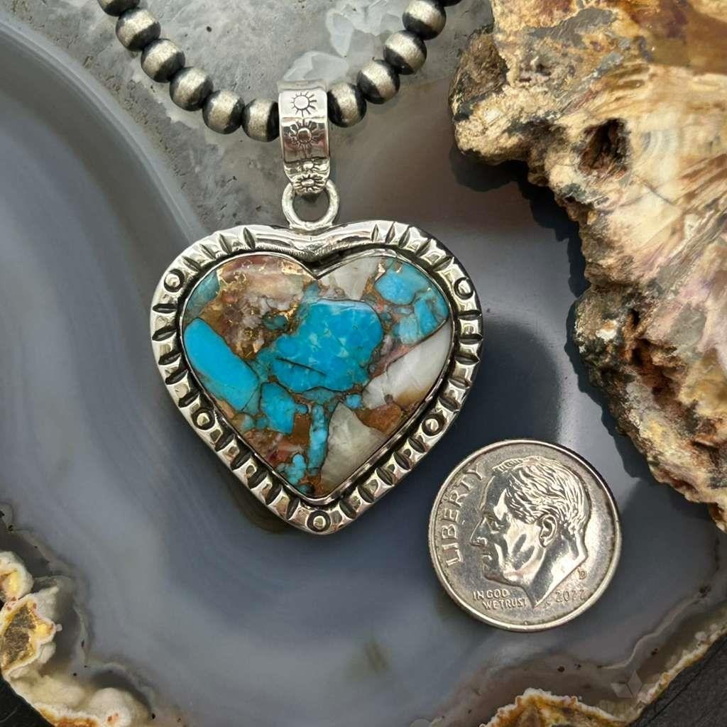 Sterling Southwestern Style Turquoise Spiny Oyster Heart Pendant For Women #1