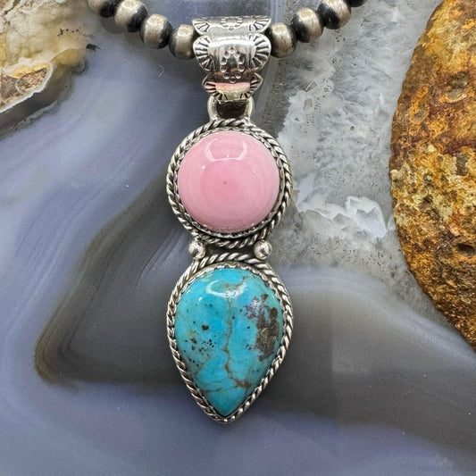 Native American Sterling Silver Pink Conch &Teardrop Turquoise Pendant For Women