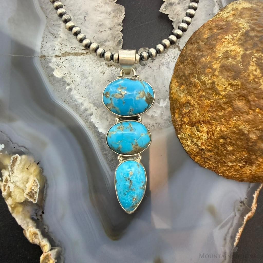 Sterling Silver Southwestern Style 3 Kingman Turquoise Pendant For Women #1