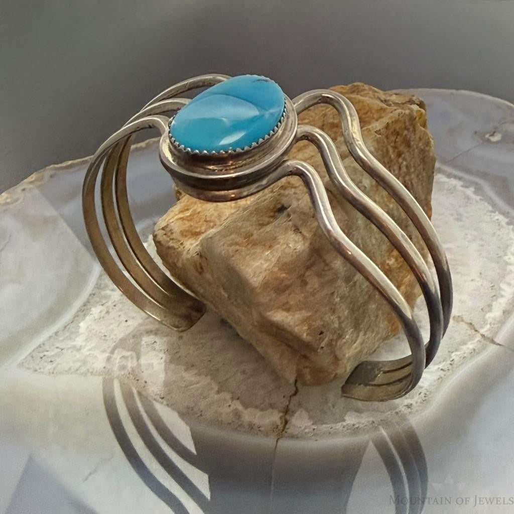 Vintage Native American Sterling Silver Turquoise 3 Banded Bracelet For Women