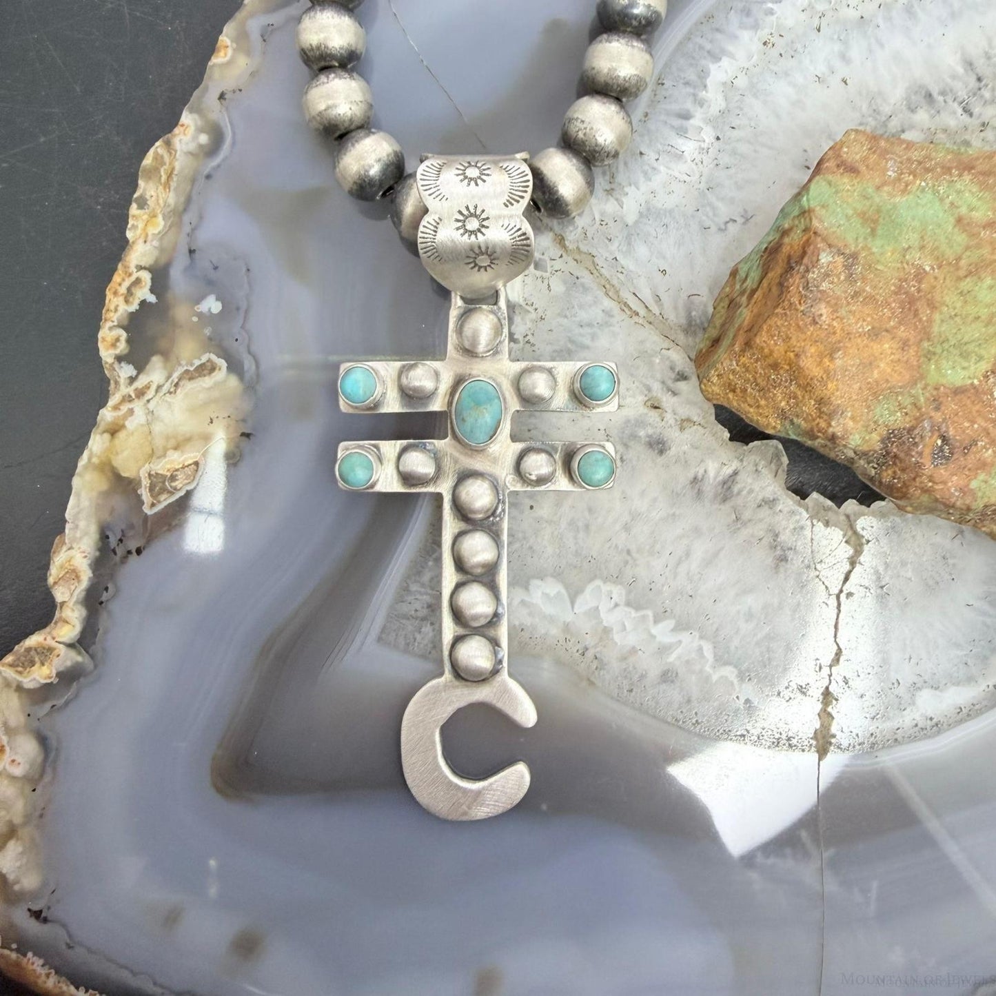 Sterling Silver Southwestern Style Cross with Turquoise Decorated Unisex Pendant